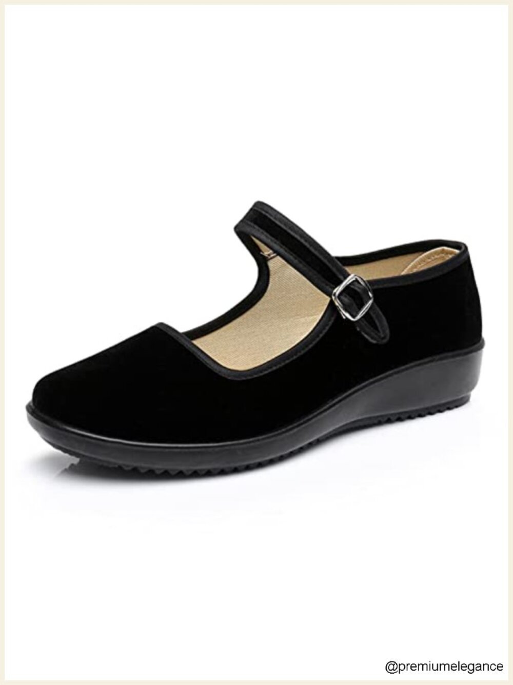 Women's Velvet Mary Jane Flats with Metal Buckle, Adjustable Straps, Slip